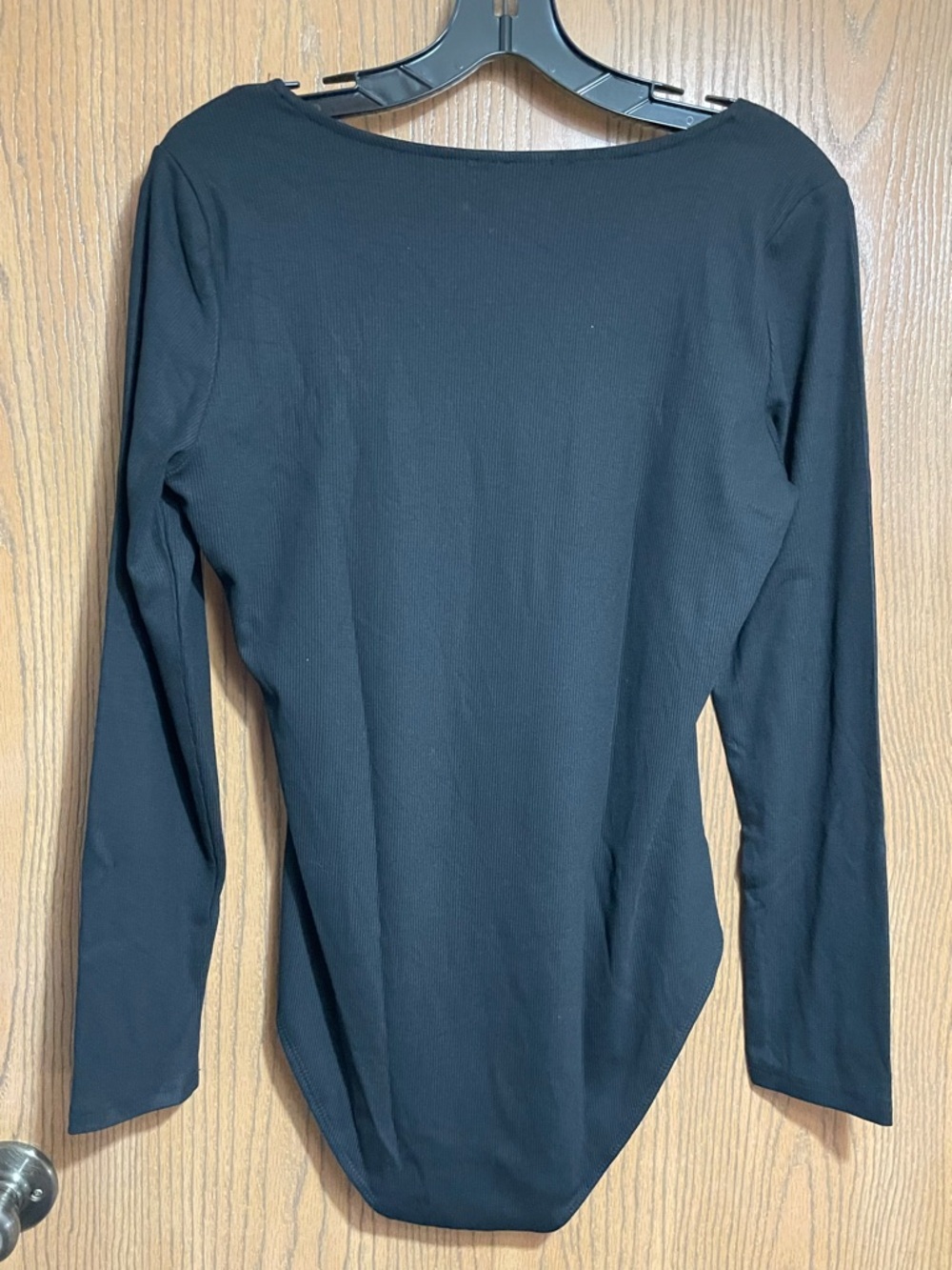 EUC Kaileigh Bodysuit Black Ribbed Long-Sleeve Square Neck - Picture 2 of 5